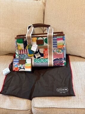 Vintage Coach Multicolor Patchwork Canvas Carryall Tote And Key/Card Holder.